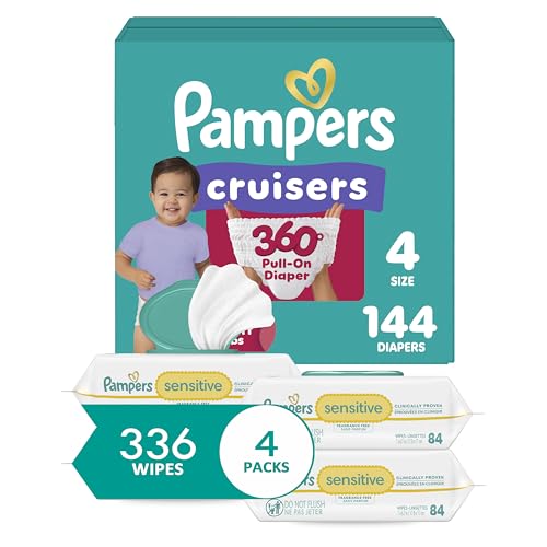 Pampers Pull On Cruisers 360° Fit Disposable Baby Diapers Size 4, One Month Supply (144 Count) with Sensitive Water Based Baby Wipes 6X Pop-Top Packs (336 Count) - image 1
