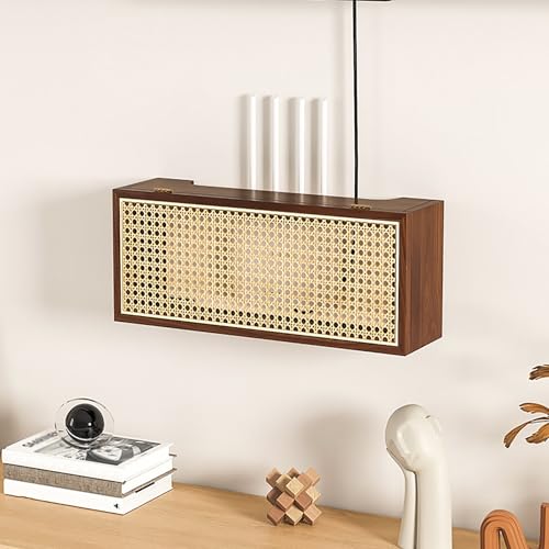 壁掛け式ラタン製WiFiルーターシェルフ、WiFiボックスハイダー、電源タップとケーブル管理ハイダーオーガナイザー、家庭やオフィス用の隠し収納キャビネット