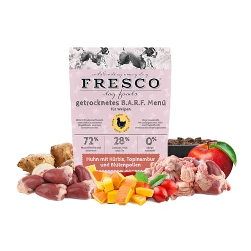 FRESCO Dog Complete Junior Trockenbarf Huhn 1kg | Barf Trockenfutter für Welpen & Junghunde mit Kürbis, Topinambur & Blütenpollen | aus frischem Fleisch, Obst und Gemüse | 100% natürliche Zutaten