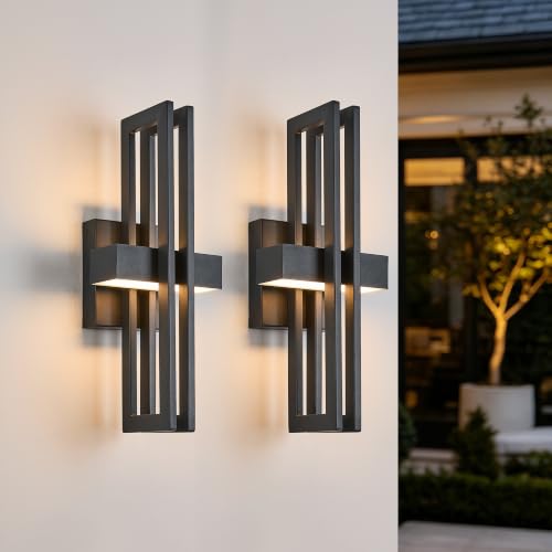 Image of Outside Light 2 Pack, 15Inch Small Black Outdoor Wall Sconce Waterproof Exterior Light Fixture, Modern Wall Mount, Decorative LED Lighting for Patio Garage Yard Backyard Apartment Balcony