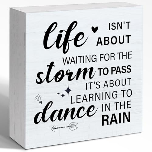 Inspirational Quote Wood Box Sign Desk Decor, Life isn't About Waiting for the Storm to Pass Wooden Box Sign, Rustic Home Motivational Wood Block Sign for Shelf Table Wall Decortional