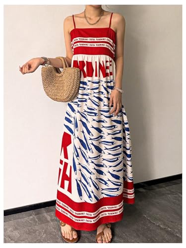 SOLY HUX Women's Sundress Graphic Print Color Block Spaghetti Strap Flowy Summer Long Cami Dress3
