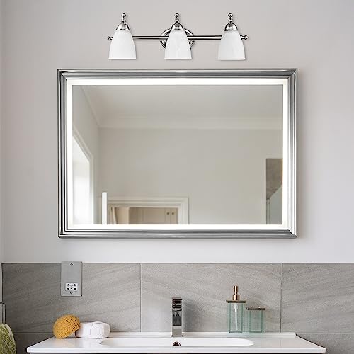 GLOBE Electric 50783 3-Light Vanity Light, Satin Nickel Finish, Alabaster Glass Shades, 23-Inch Bathroom Wall Fixture, E26 Base, Easy Installation – Image 5