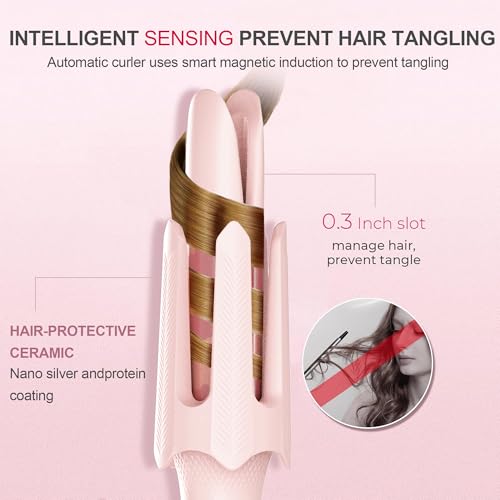 Image of Auto Rotating Hair Curler - 4 Temperature and Timer Settings, Automatic Curling Iron with Automatic Shut-Off, Anti-Tangle and Scalding, Curling Wand for Long Lasting Curls (Pink)