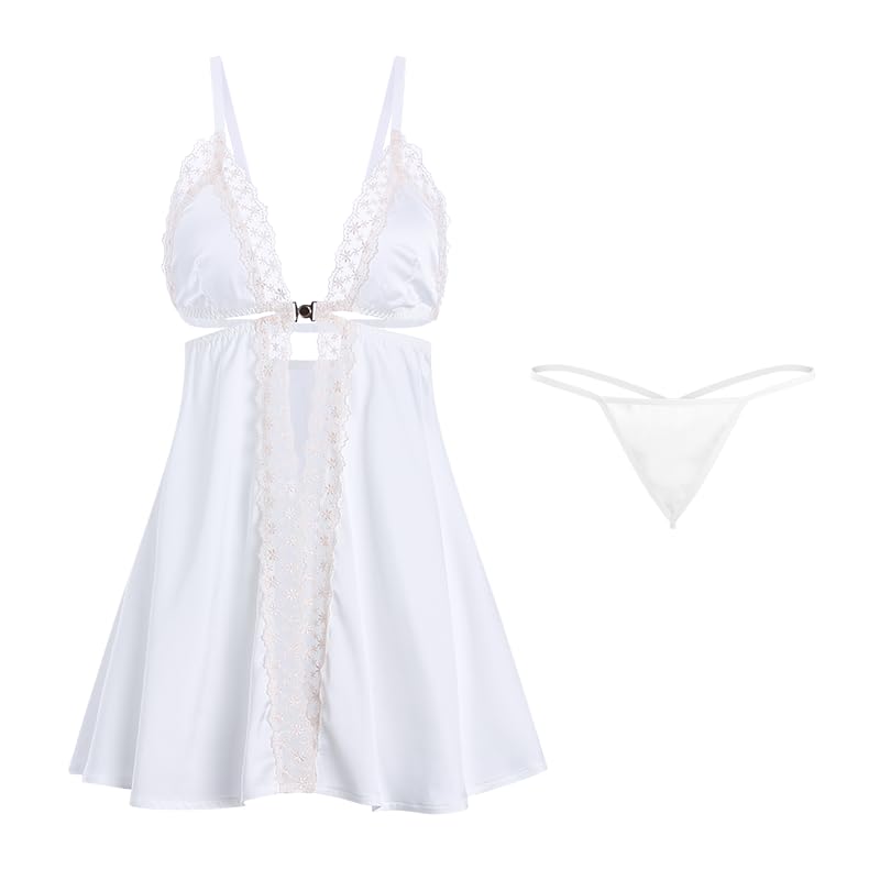 Sexy Open Button Nightgown for Women, Lace Trim, Halter Neck