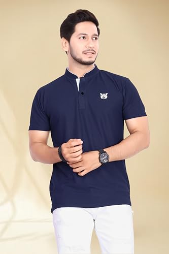 Image of BAGHADBILLO Men's and Boy's Polyster T-Shirt with Mandarin Collared Neck Half Sleeves Closuer Button and Regular Fit | Polo t Shirt for Man