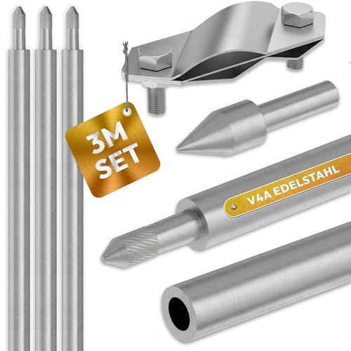 Tiefenerder 3m Komplettset - Ø20mm V4A Edelstahl Erdungsspieß Erdung Kreuzerder Staberder Erdnagel Erder Erdspieß Erdungsstab Erdungskabel Erdungsschiene Erdungsband für Blitzableiter und Solar