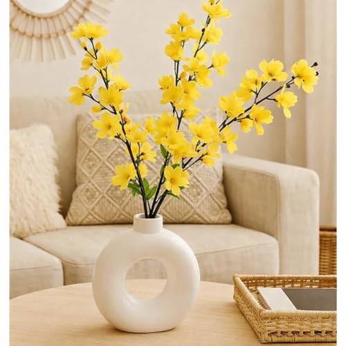 Image of SPHINX Ceramic Vase with Artificial Flowers| Flower Vase Pot for Home Decor,Living Room,Dining Table & Office|Modern for Decoration, (Donut with 1 Cherry Blossom Assorted White OR Yellow)
