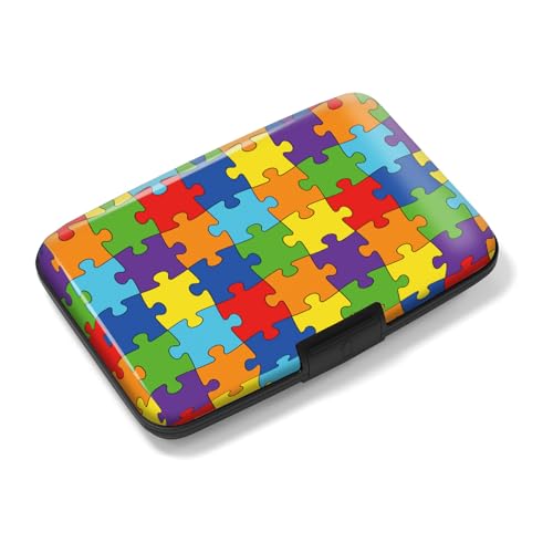 Credit Card Holder, Mini RFID Aluminum Wallet, Cute Slim Business Hard Card Case, Universal Metal Card Wallet for Women Men Coloful Jigsaw