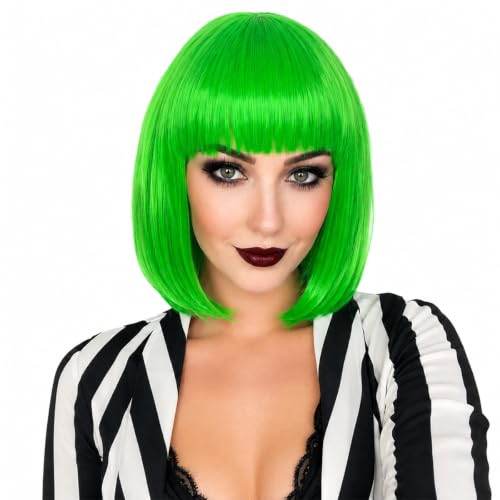 Rose bud Grass Green Bob Wig for Women Short Costume Party Wigs with Bangs
