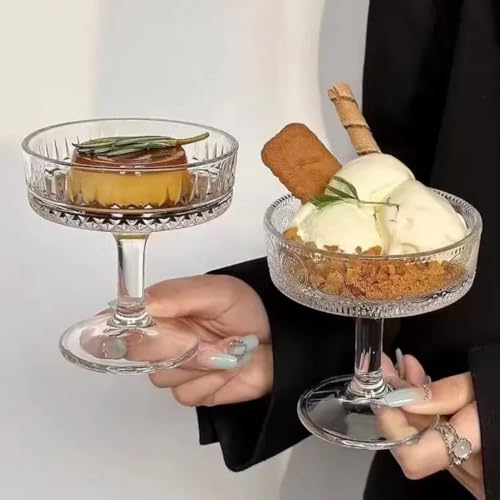 Image of PrimeWorld Stemmed Fluted Glass Dessert Bowls Set of 6 (200ml) | Vintage Ribbed Coupe Glasses for Ice Cream, Panna Cotta, Mousse & Cocktails | Elegant Serving Cups