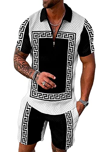 Size 3Xl White Black Square Mens Short Sets 2 Piece Outfits Polo Shirt Fashion Summer Tracksuits Casual Set Short Sleeve And Shorts Set For Men #TOP10