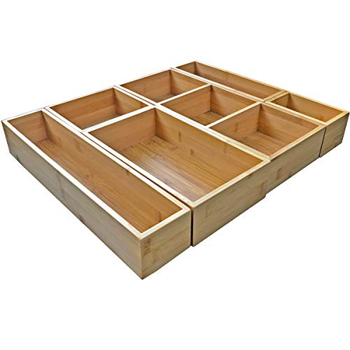 Bamboo Junk Drawer Organizer and 6 Storage Box Dividers Set,8 Compartment Organization Tray Holder for Craft,Sewing,Office,Bathroom.Kitchen …