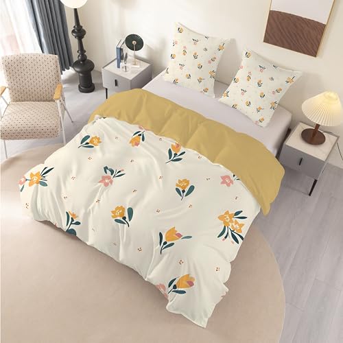 Housse de couette 240x260 fleurs pour lit 2 personnes en microfibre jaune - 4