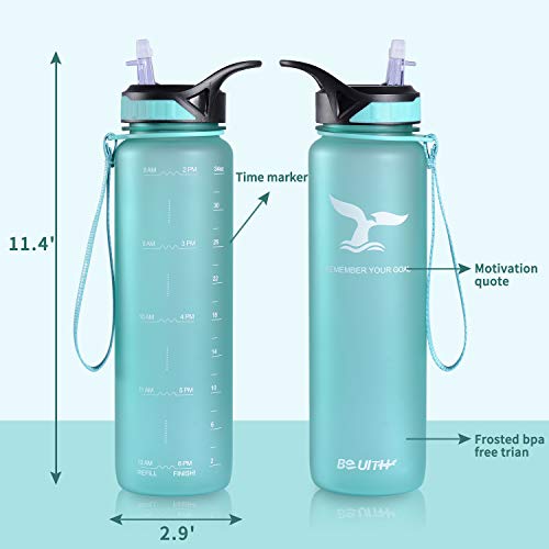 TILUCK Water Bottle with Straw Lid 34oz Motivational Fitness Sports Water Bottle with Time Marker & Straw, Large Wide Mouth Leakproof Durable BPA Free Non-Toxic (Green)