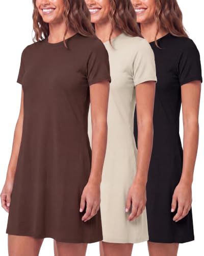 Image of Real Essentials 3 Pack: Women's Short Sleeve T Shirt Dress Swing Loose Casual Lounge Everyday Outfit (Available in Plus)