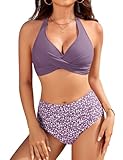 UMIPUBO Bikini Mujer Cintura Alta Bañadores Traje De Baño 2 Piezas Pliegues Reductores Control Abdominal Cuello En V Sexy Tirantes Diseño Halter Miniflores Biquinis Conjunto