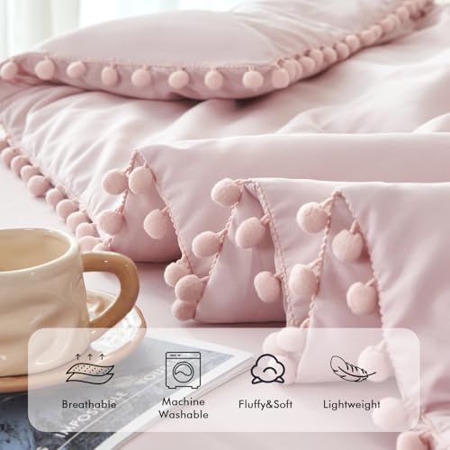PERFEMET Twin Size Girls Comforter Set Dusty Pink, 5 Pieces Pom Pom Fringe Fluffy Twin Bed in a Bag with Sheets, All Season Soft Shabby Chic Solid Bedding Comforter Set for Kids Teen — view 4