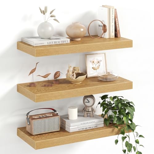 Image of Fun Memories Floating Shelves, 20 Inch Floating Shelves, Wall Mounted Rustic Wood Shelf for Bathroom, Living Room, Bedroom and Kitchen, Hanging Shelf for Storage, Books, Home Decor, Oak - Set of 3