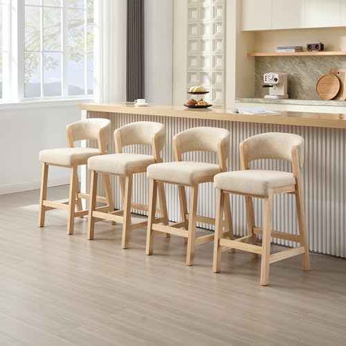 Image of Zesthouse Wooden Counter Height Stools Set of 2, Mid Century Kitchen Bar Stools with Back & Raw Solid Wood Legs, Farmhouse Upholstered Barstools for Kitchen Island, Beige Linen Counter Hieght Chairs