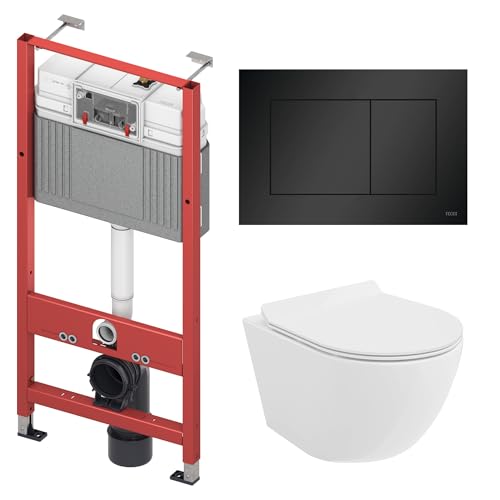 BADLAND WC-Vorwandelement Set TECEbase mit Wand-WC Rolo Weiß, Schallschutzmatte & Betätigungsplatte Schwarz – Komplettset für Trockenbau & Vorwandinstallation
