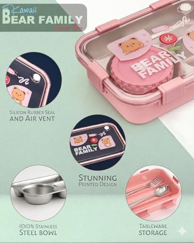 Image of KAVANA Lunch Box 3 Compartment Leak-Proof BPA Free Stainless Steel, Lunch Box for Kids, Lunch Box for School & Office with a Fork, a Spoon (Blue), 750 ml (Pink)