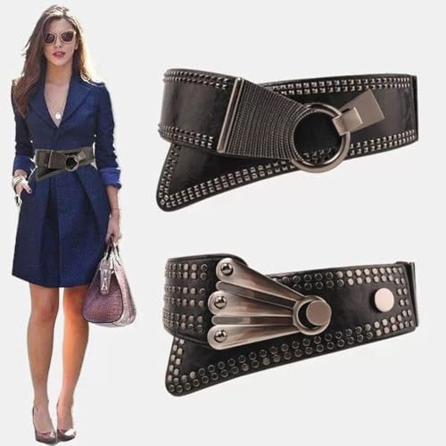 XGOPTS Women's Fashion Vintage Wide Elastic Stretch Rivet Cinch Leather Waist Belt With Interlock Punk Buckle Halloween Belt3
