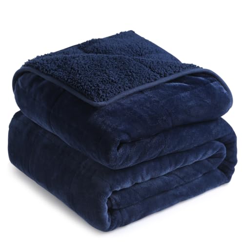 Image of Cottonblue Weighted Blanket 20lbs 60x80 Inches, Navy Blue Sherpa Blanket Throw Sofa Bedding Heavy Blanket for Adults, Soft Cozy Fleece Blanket On Queen Bed, Plush Fleece Minky 20 lb Weighted Blanket