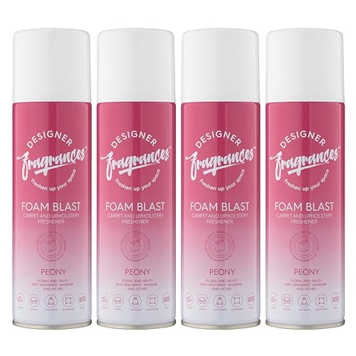 Designer Fragrances 4 Pack Peony Carpet & Upholstery Freshener Foam Blasts - For Carpets, Sofas, Cushions, Car Seats – Lasting Smell, Spray on Foam – Deodorise & Neutralise Odours – 300ml