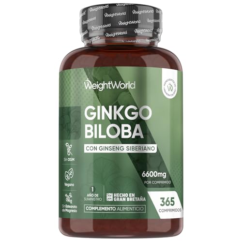 Ginkgo Biloba 6600 mg - 365 Comprimidos Veganos con Ginseng Siberiano 50:1 - Con 28 mg Flavonoides y 7,2 mg Terpenos - Suplemento de Origen Natural para 1 Año, Sin Gluten ni Estearato de Magnesio