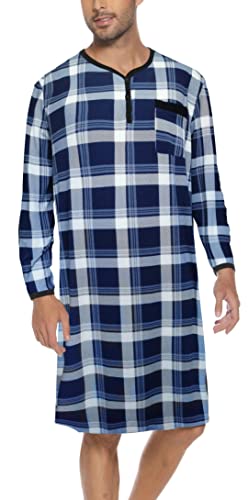 Pijama Larga Hombre Camisetas de Pijama Hombre Manga Larga Camisa de Dormir Ropa de Dormir Pijama Sexy Casual Cómodo Cuadros Azul-A XXXL