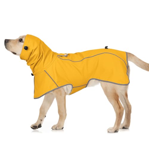 Sugiifamy Regenmantel Hund, Wasserdichter Hunderegenmantel, Einstellbare Regenjacke Hund mit Klettverschluss und Sicheren Reflektierenden Streifen für Kleine Mittelgroße Groß Hunde (Gelb, L)
