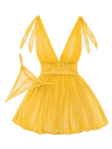 Lilosy Sexy Polka Dots Mesh Sheer Babydoll Chemise Lingerie Set Floral Lace Sleep Wear Women Deep V Slip Night Dress Nighty Negligee Gown With Thong 2 Piece Yellow Medium