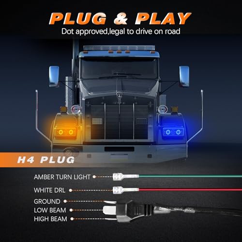 Image of 4x6 LED Headlights [Dot Approved] with Halo Blue DRL Amber Turn Signal Light [High Low Sealed Beam] Compatible for Peterbilt 379 Kenworth T800 T600 Freightinger Ford Probe Ol-dsmobile Trucks