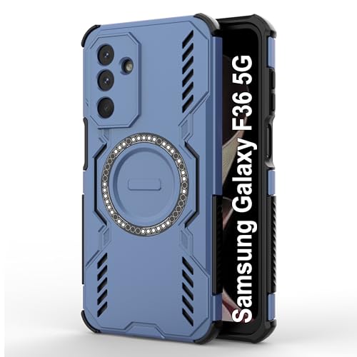 Image of amazon basics Back Case Cover for Samsung Galaxy F36 5G | Magnetic Case with Built-in Metal Ring | Supports Mag-Safe Charger, Wallet & Car Mount | Shockproof Hybrid PC + TPU | Blue