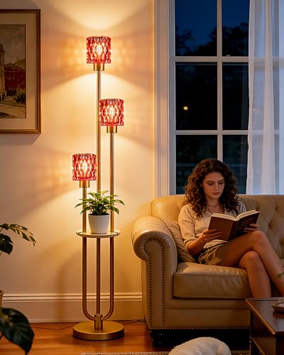 Image of 62IN Gold Floor Lamp with Deep Red Glass Shade 3-Lights Mid-Century Modern Farmhouse Floor Lamps with 3000K Warm White Bulbs, Tall Standing Lamp with 5Lbs Heavy Base for Living Room /Bedroom