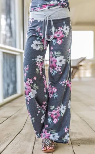 Image of Elsofer Women's Comfy Lounge Pants Soft Floral Pajama Pants Loose Drawstring Wide Leg Palazzo Pants for Sleep, Casual Wear
