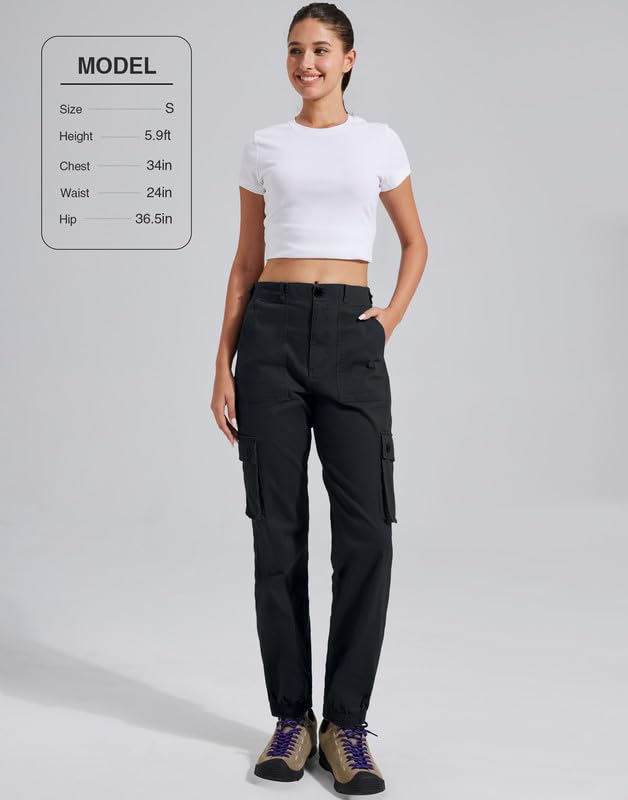 Pioneer Camp Cargohose Damen Lang Wanderhose für Frauen Strapazierfähig Cargo Hosen Verstellbarer Bund Outdoor Jogginghosen mit 6 Taschen Schwarz L