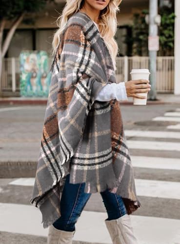 Image of Bestshe Women's Boho Open Front Poncho Plaid Shawl Wrap Cape | Tassel Cardigan Sweater, Cozy Layering, Fall Winter Clothes for Women