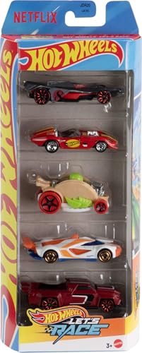 Hot Wheels Conjunto de 5 coches metálicos de juguete a escala 1:64 inspirados en la serie de dibujos Hot Wheels, a correr de Netflix, JDR20
