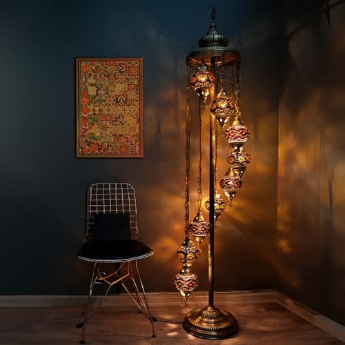 Turkish Lamp 9 Globe Mosaic Floor Lamp, Standing Lamp Moroccan Floor Lamp for Decorative Home Designs Offer 5 inch Globe - Total Height 70 inch (Brown)