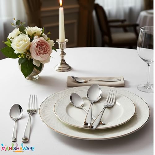 Image of Mirror Polished Silver 16 Pcs Stainless Steel Cutlery Set for Dining Table, Dishwasher Safe Glossy Flatware (4 Spoon Set + 4 Forks Set + 4 Butter Knife + 4 Dessert Spoon)