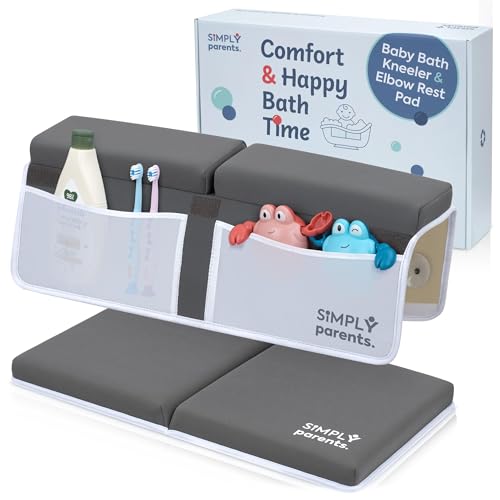 Image of Baby Bath Kneeler and Elbow Rest Pad Set - Quick-Dry, Non-Slip Kneeling Pad for Bathing Toddler, Toy Organizer Pockets, Gift Box, Accessories for Tub, Gray