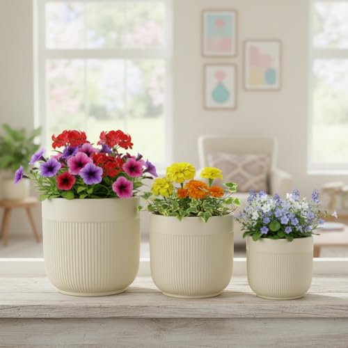 Image of Xtore Ceramic Ribbed Planter Set with Matte Finish | Modern Minimalist Flower Pots for Home, Office, Balcony & Living Room Decor - (Set of 3, Pastel Beige, Planter ONLY)