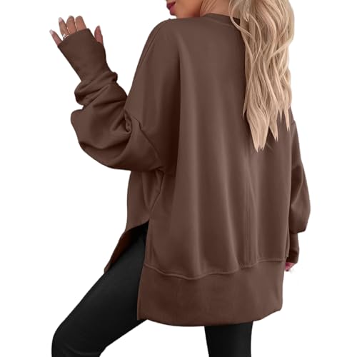 Smoneyful Womens Oversized Sweatshirts Thumbhole Long Sleeve Shirt Crewneck Sweatshirt Side Slit Pullover Tops Y2k Outfits2