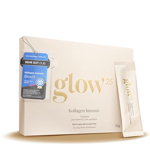 Glow25 Kollagen Intensiv [30 Sticks] mit Tripeptiden Vitamin C Zink und Biotin Premium Marine Collagen Hydrolysat Peptide Typ 1 und 3 Gute Löslichkeit