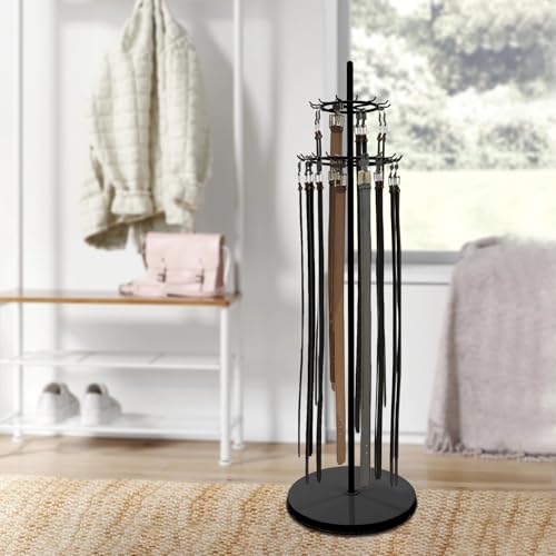 66.1in Belt Hanger,Belt Display Shelf,Floor Mounted Belt Hanger with 31 Hooks, Space-Saving Belt and Tie Organizer for Closet Storage,Black