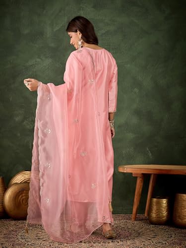 Image of VredeVogel Women's Ethnic Wear Embroidered Silk Blend Kurta Pant Set with Organza Dupatta | Festive & Casual Summer Kurti with Pants for Party Office & Ethnic Occasions