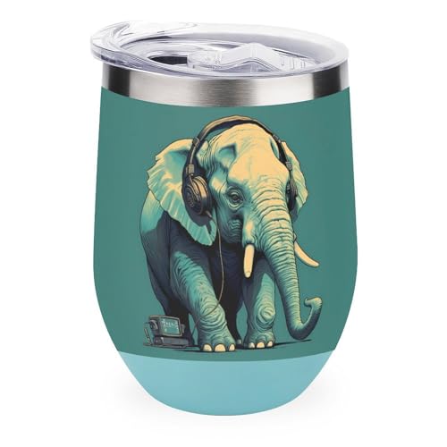 Elephant in Headphones 12oz Wine Tumbler With Lid Stainless Steel Cup Double Wall Vacuum Insulated Coffee Mug Elephant in Headphones 12oz Wine Tumbler With Lid Stainless Steel Cup Double Wall Vacuum Insulated Coffee Mug
