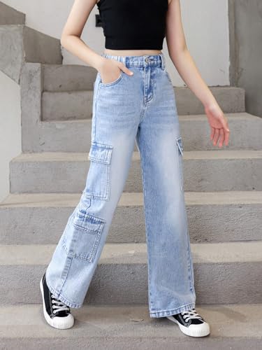 OYOANGLE Girl's Cargo Jeans Zipper Fly Flap Pocket Straight Leg Y2K Denim Pants2